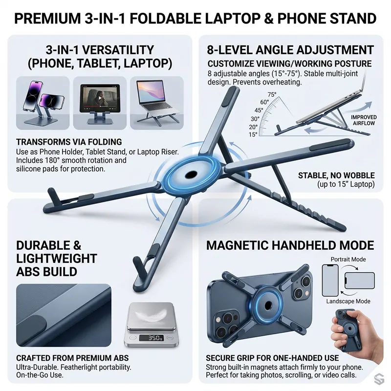 Multifunkciós telefon, tablet és notebook tartó